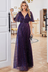 Glitzerndes lila Partykleid mit V-Ausschnitt und kurzen Ärmeln